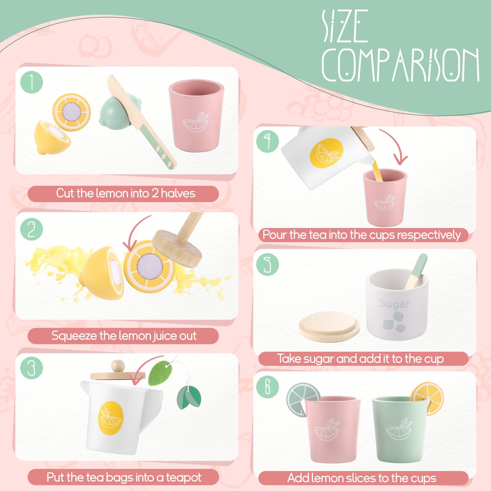 Soporte de limonada para niños, juego de té de simulación, juego de fiesta de té, suministros de soporte de limonada, no requiere montaje, juguetes de madera no tóxicos, juegos de té para 7