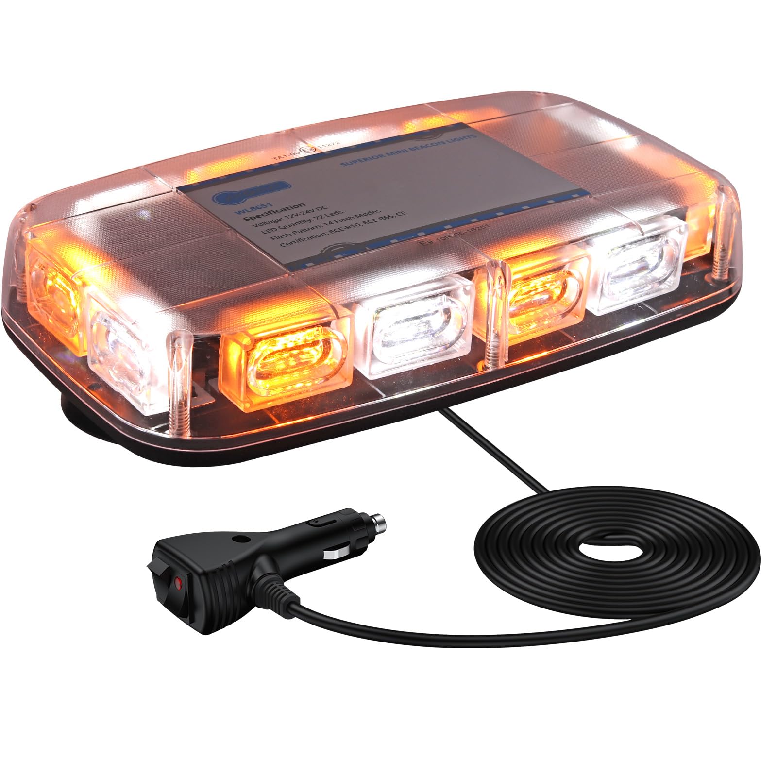 AUTOUTLET Lampa błyskowa 72 LED 10 V-30 V, bursztyn, 14 trybów E-Mark światła ostrzegawcze z 4 podstawami magnetycznymi + wodoodporny kabel 5 m, IP65 do przyczep, wózków widłowych, koparek, ciągników,