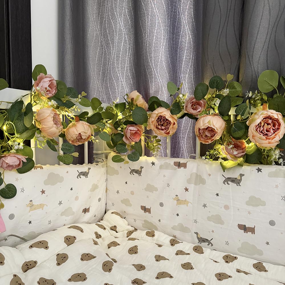 buywin 6FT Peonies Flower Garland with Fairy Lights, Rose Flower&Eucalyptus Leaves Greenery Vine Lights with Timer, Garland Fairy Lights for Wedding Table Home Bedroom Decor (Champagne)