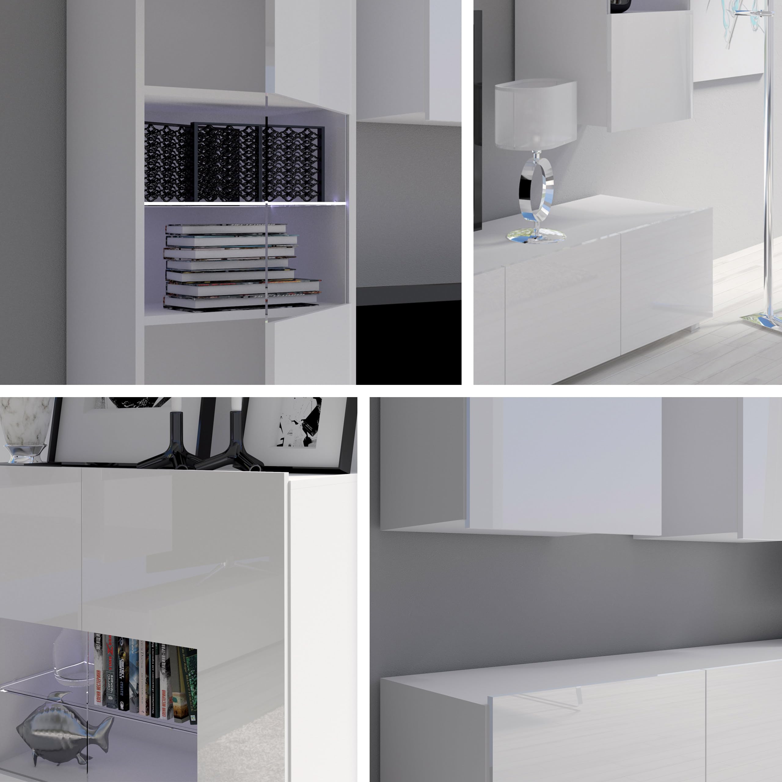 Mirjan24 Moderne Wohnwand Calabrini I, Anbauwand, Mediawand, Hängevitrine, TV Lowboard, Wandregal, Wohnzimmerschrank, Fernsehschrank (mit weißer LED Beleuchtung, Cashmere)