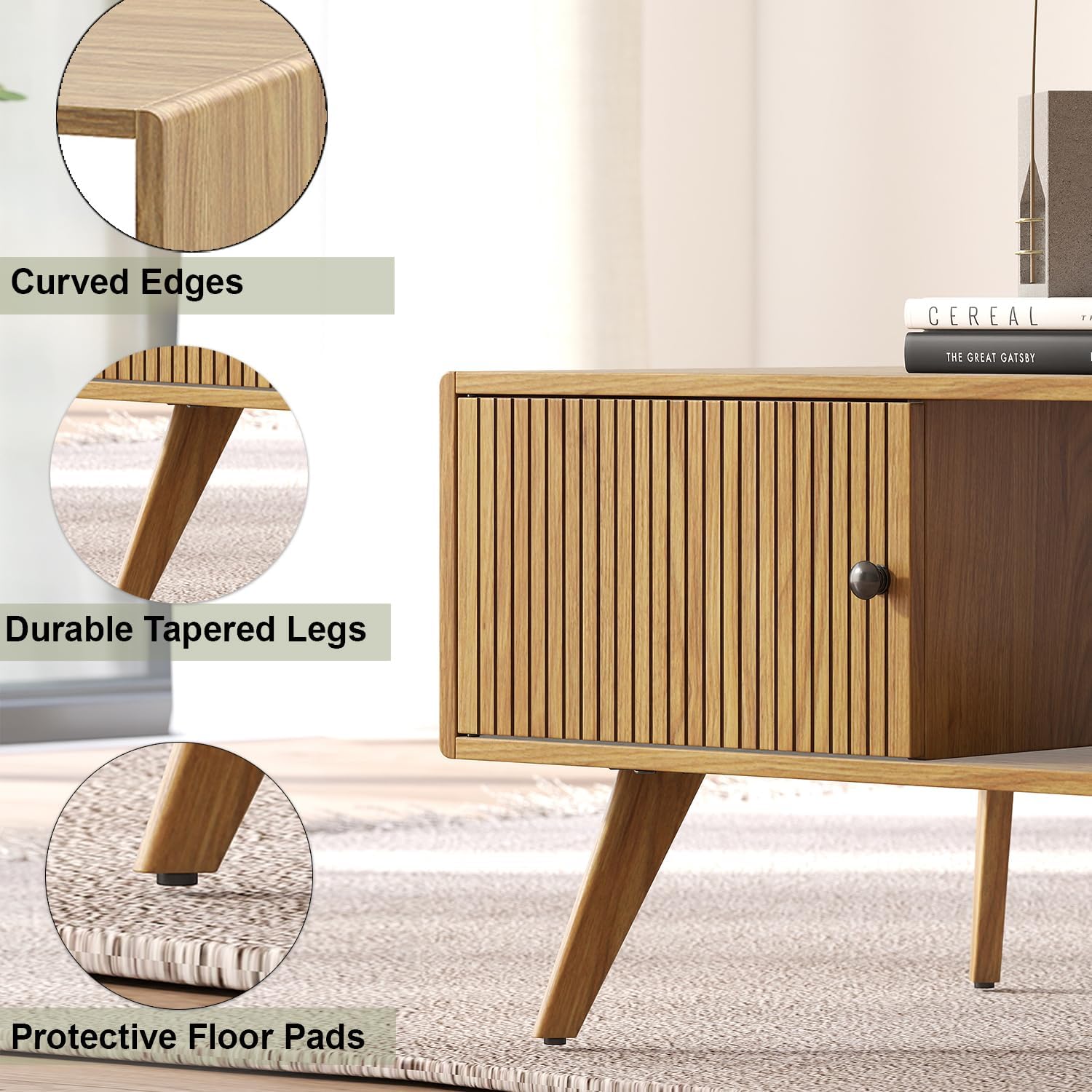Manora Mid Century Modern Coffee Table with Storage Cabinet and Open Shelf, Wooden Living Room Table with Fluted Drawer and Solid Wood Legs, Oak Finish Center Table for Small Spaces