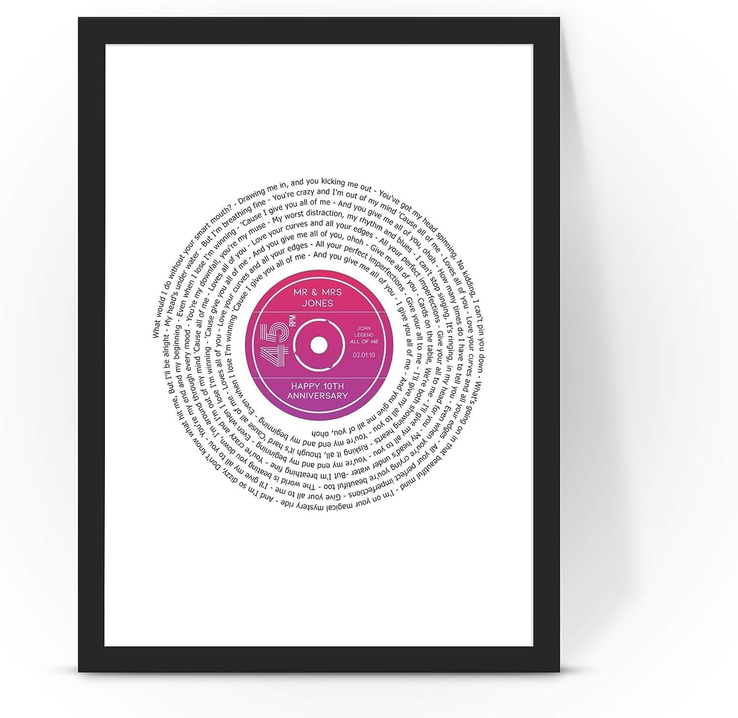 Forefrontdesigns White Personalised Vinyl Record Song Lyrics Print - Custom Song Lyric Print & Framed Wall Art - Perfect Personalised Music Gift Or Wedding Anniversary