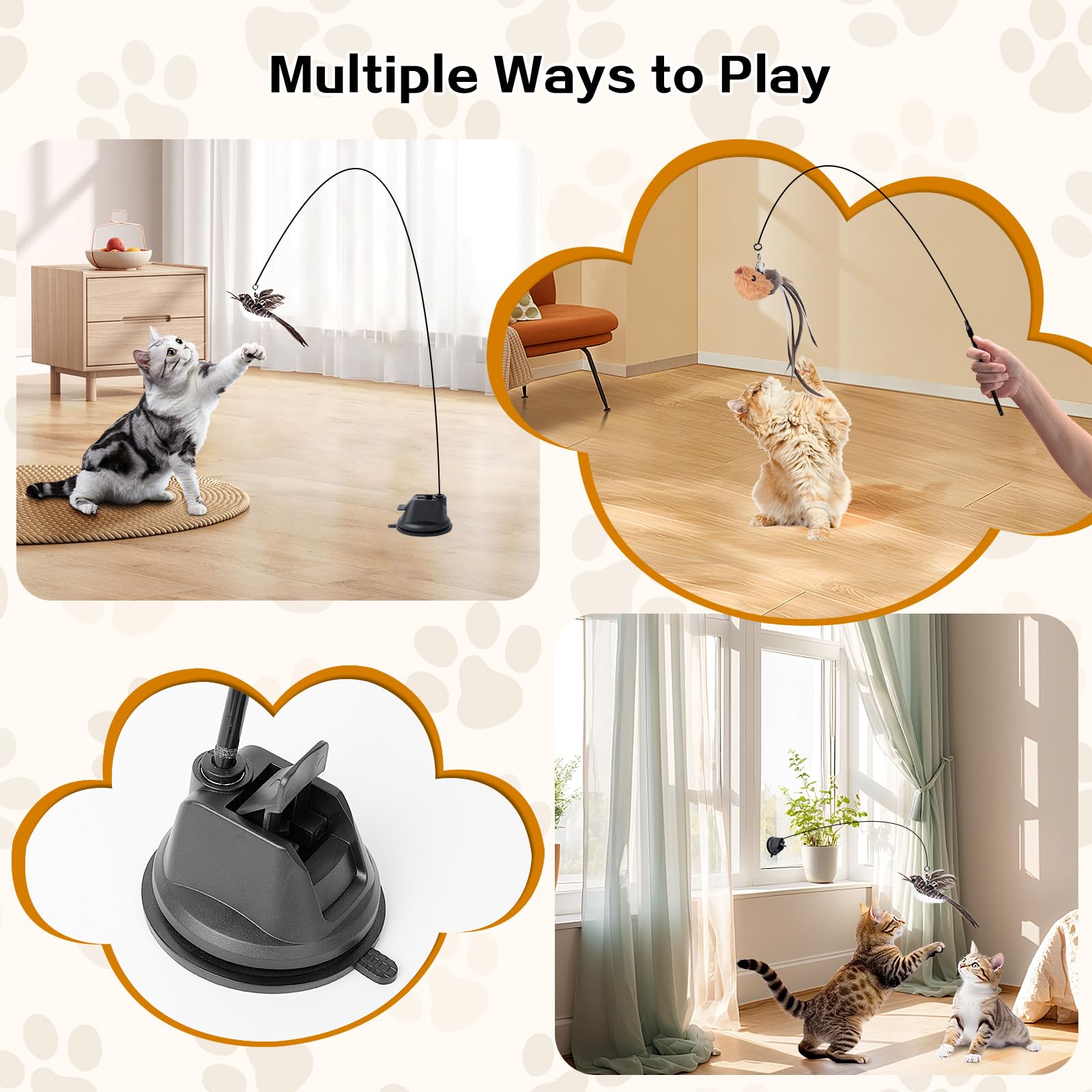 AiQInu 4 Pièces Jouet Chat Interactif, Interieur Jouets pour Chats avec Ventouse, 1 Canne à Pêche pour Chaton avec 2 Oiseaux à Clochettes, Jouets Intelligence Chat Baguette