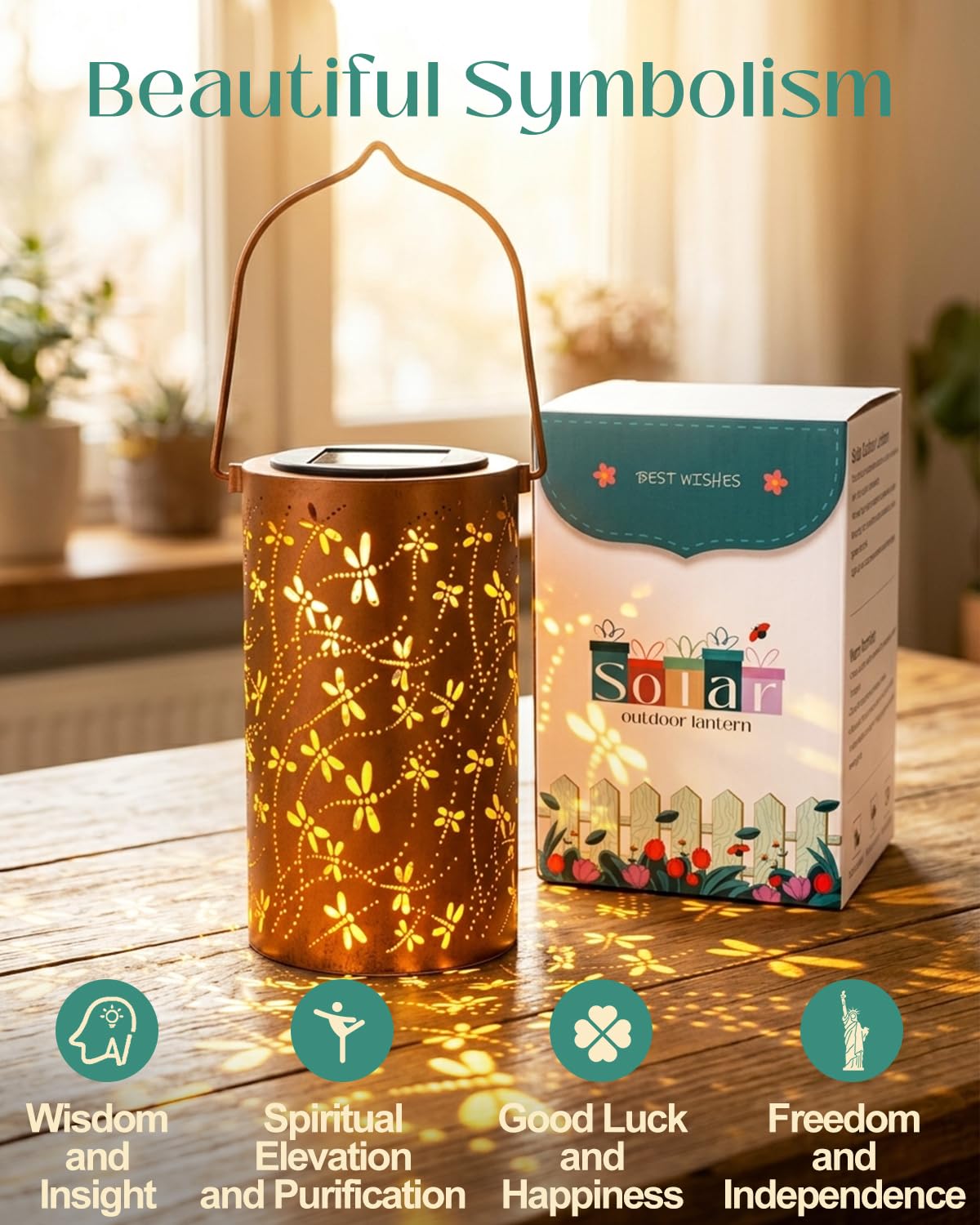 DIBIEECN Birthday Gifts for Women Mom Grandma Wife, Solar Lanterns Outdoor Waterproof, Metal Hanging Lights Garden Decor, LED Decorative Lantern for Patio Porch Backyard,Dragonfly, 1 Pack