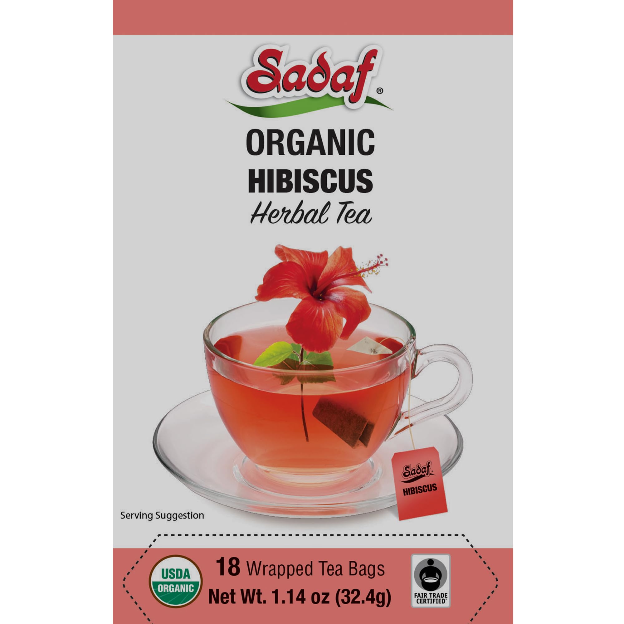 Sadaf Organic Hibiscus Tea - Organic Hibiscus Tea Bags - Ideal for Hot or Iced Tea - Té de Hibisco Orgánico - Kosher - 18 Wrapped Tea Bags
