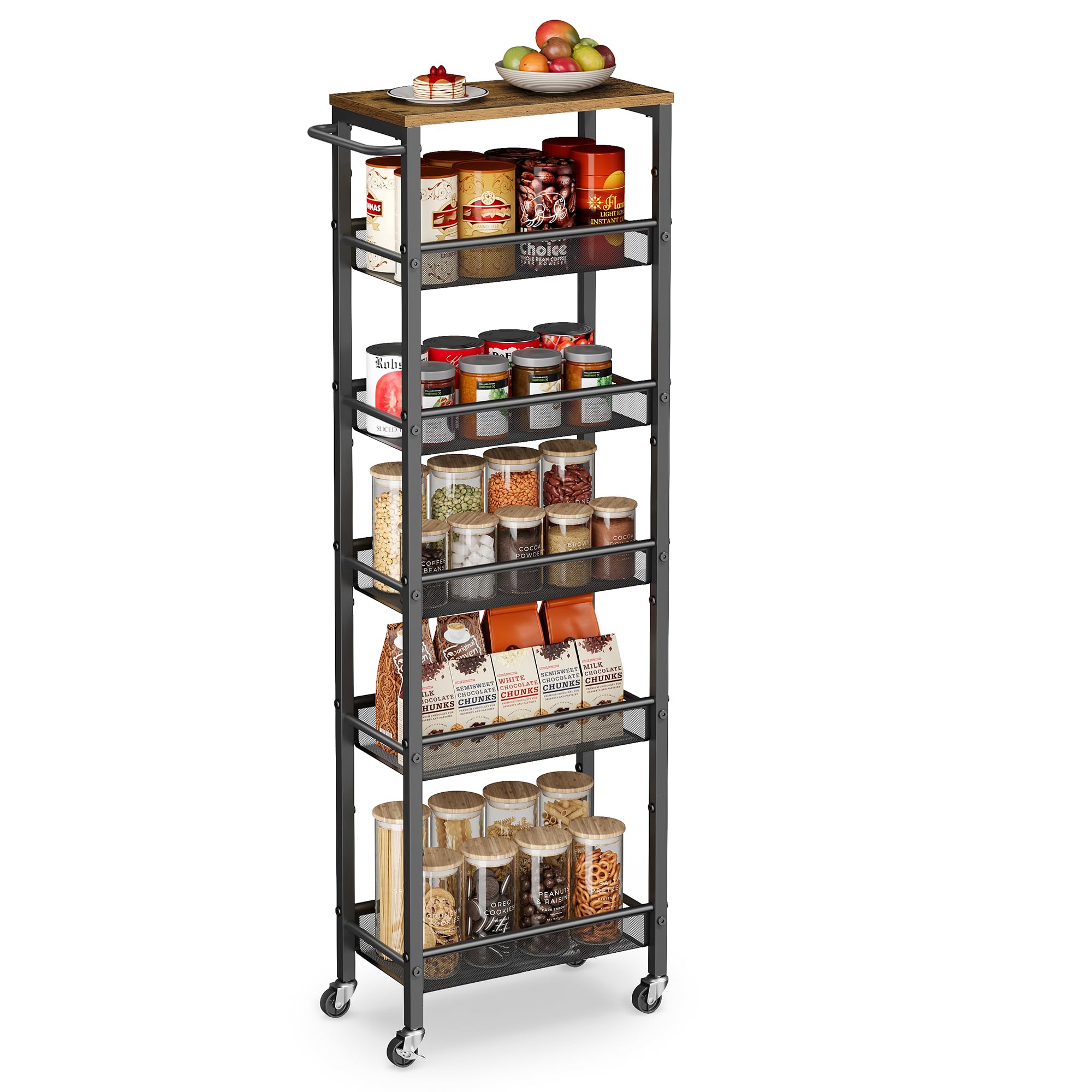 VASAGLE 6-Tier Trolley, Space-Saving Kitchen Cart with Castors, 22 cm Deep, Steel Frame, Handle, Trolley for Small Spaces, Kitchen Bathroom Living Room Studio, Rustic Brown and Black LRC039K101