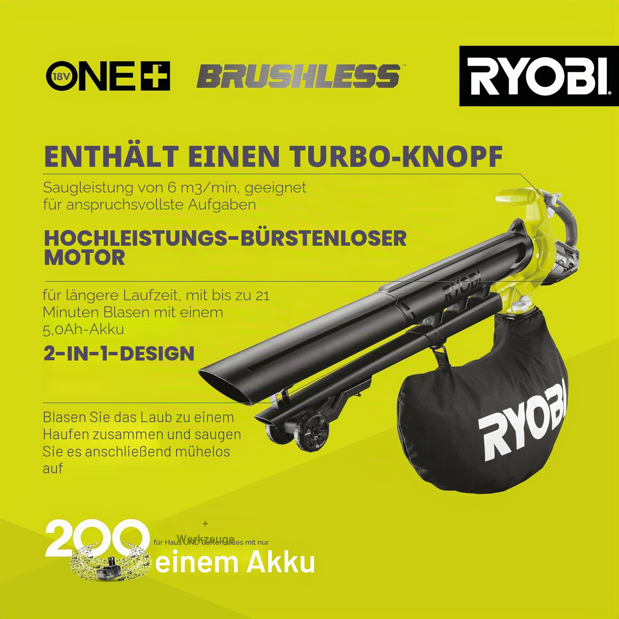 RYOBI 18 V ONE+ Brushless Akku-Laubsauger OBV18, Gebläsefunktion