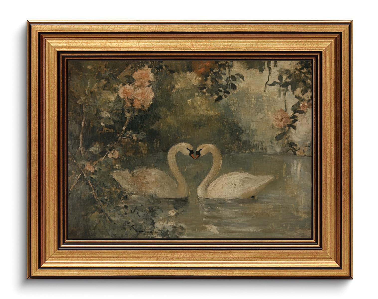 Gold Framed Wall Art Vintage Swan Canvas Art Prints Romantic Cottagecore Pictures Wall Decor Classy Swan Couple Paintings Aesthetic Artwork for Bedroom Bathroom