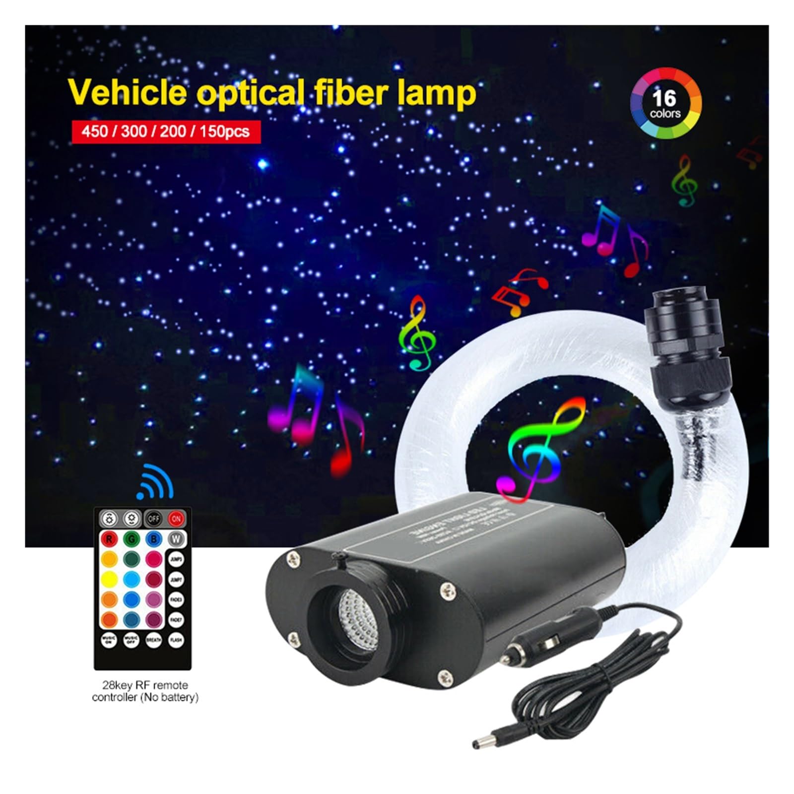 16 Kolorów RGB Samochodowa Gwiazda LED Lampa Sufitowa Gwiaździste Niebo 60/150/200/300/450 Sztuk Światłowód Auto Wnętrze Samochodu Nastrojowa Lampa Możliwość Przyciemniania(60Pcs 0.75mm 2m)