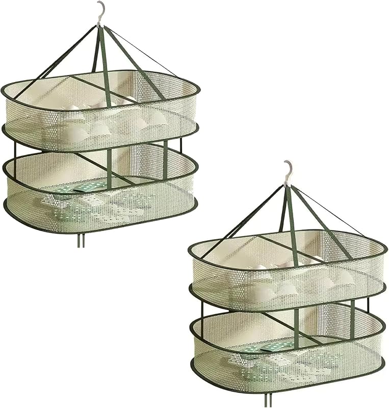 Paquete de 2 23.6×15.7×3.5 pulgadas de una sola capa, estante de secado de malla plegable de doble capa, secador de suéter colgante rectangular, estante de secado de ropa verde oscuro
