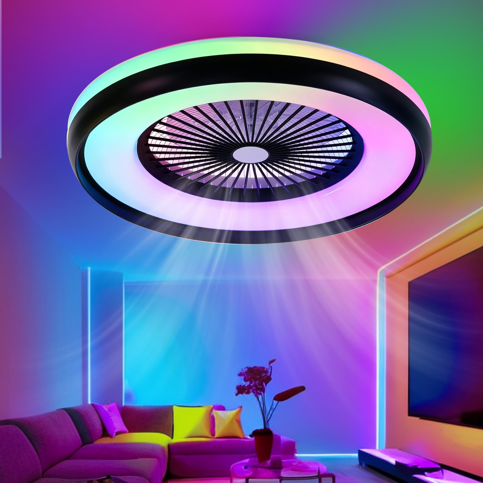 SXDMOUBK 48CM RGB Ceiling Fan with Light & Bluetooth Speaker,Remote and APP Control,6 Speeds Quiet Ceiling Fan Reversible Timer Fan Light Ceiling Dimmable LED with Memory for Bedroom Kids Room