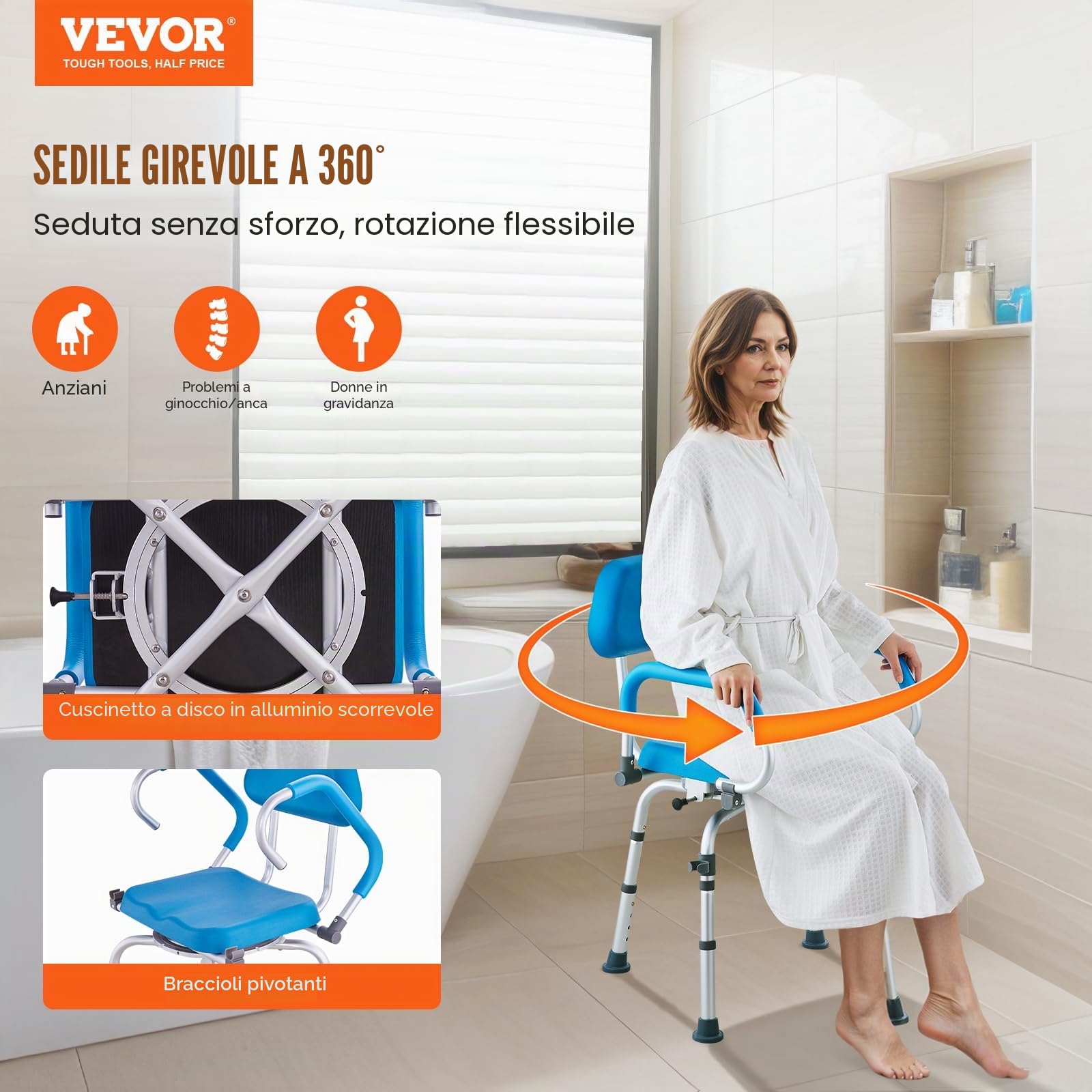 VEVOR Sedia da Doccia Girevole a 360 Gradi, Sedile da Doccia Regolabile con Bracci Girevoli, Sedile Bagno Imbottito per Doccia, Sedia Bagno Girevole Antiscivolo per Anziani Disabili, Capacità 135 kg