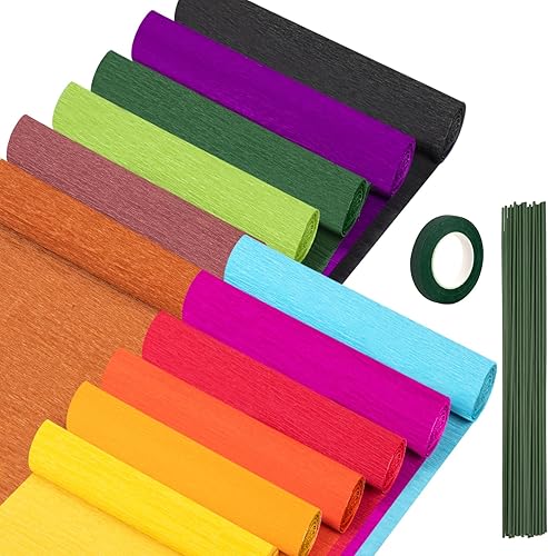 Rollos de papel crepé de 12 colores, hojas de papel crepé de 10 x 98 pulgadas de ancho con alambre floral y cintas florales verdes para