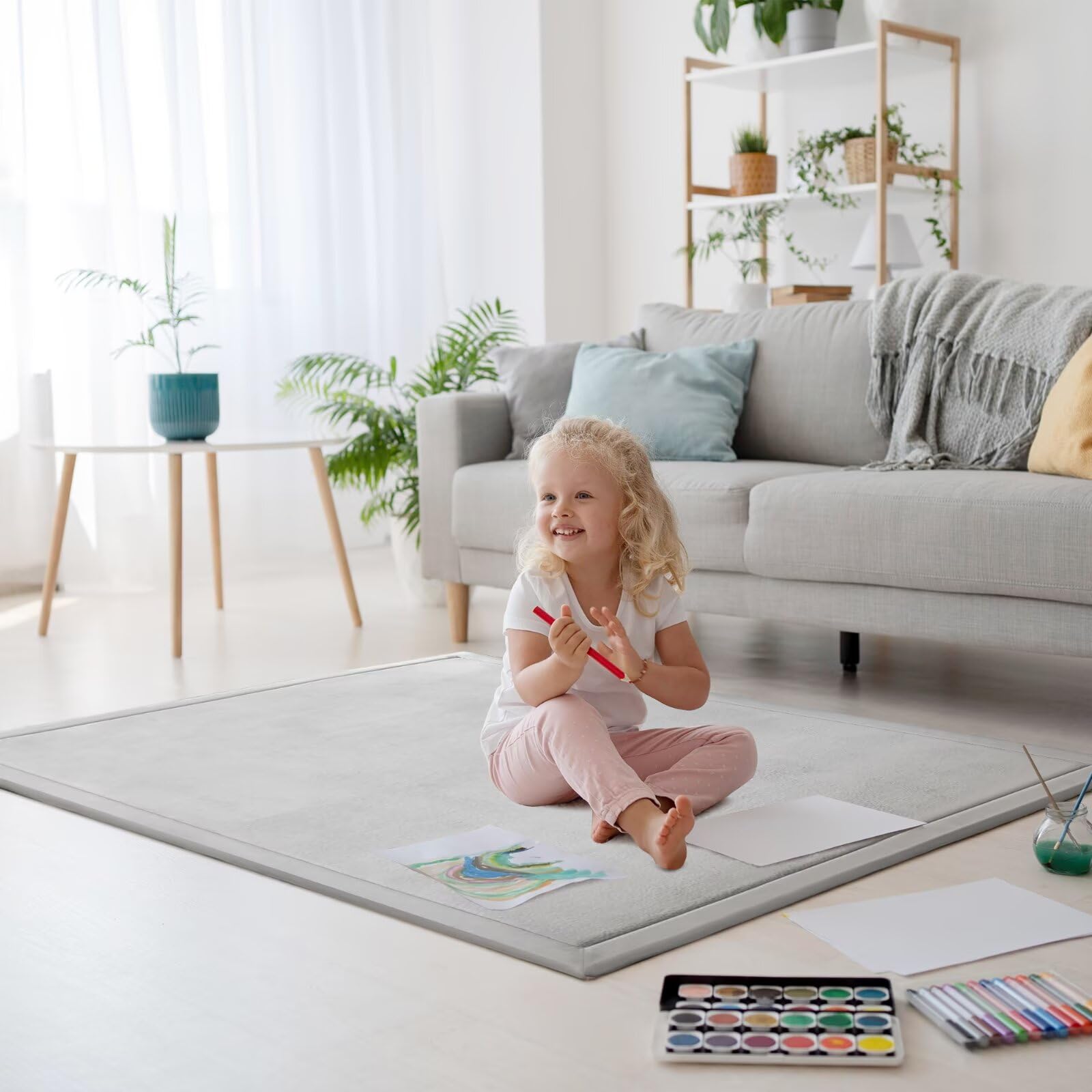 Engrosamiento Coral Terciopelo Alfombra Manta de rastreo para niños Alfombras Suaves de Tatami Antideslizante para niños Enlarge Play Mat (Gris, 100 * 200CM)