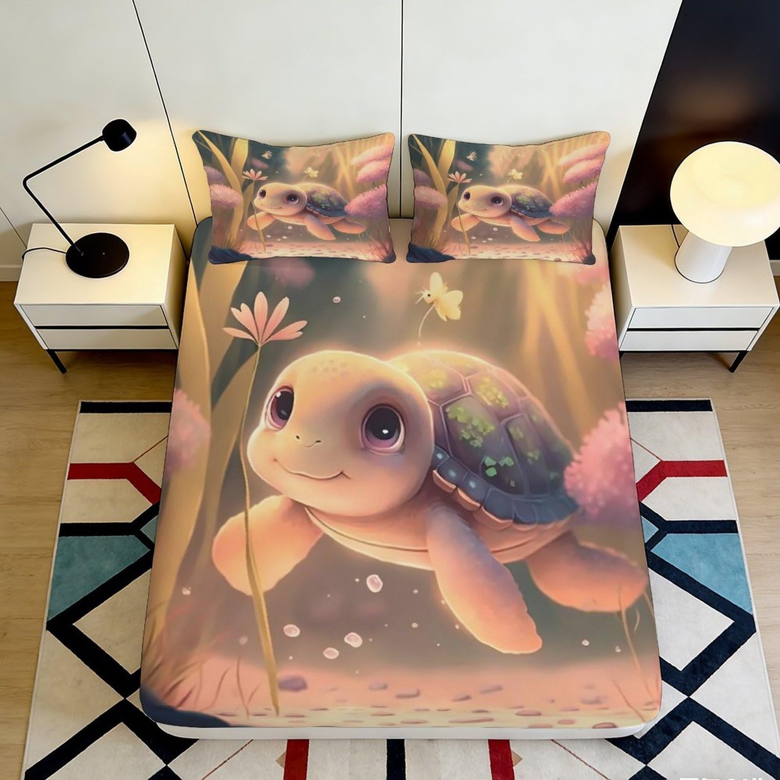 3D Printed Cute Turtle Fitted Sheet Microfiber Soft Breathable Cartoon Bed Cover with Anti-Slip Mattress Protection for Bedroom Dormitory Guest Room 90x200x25cm