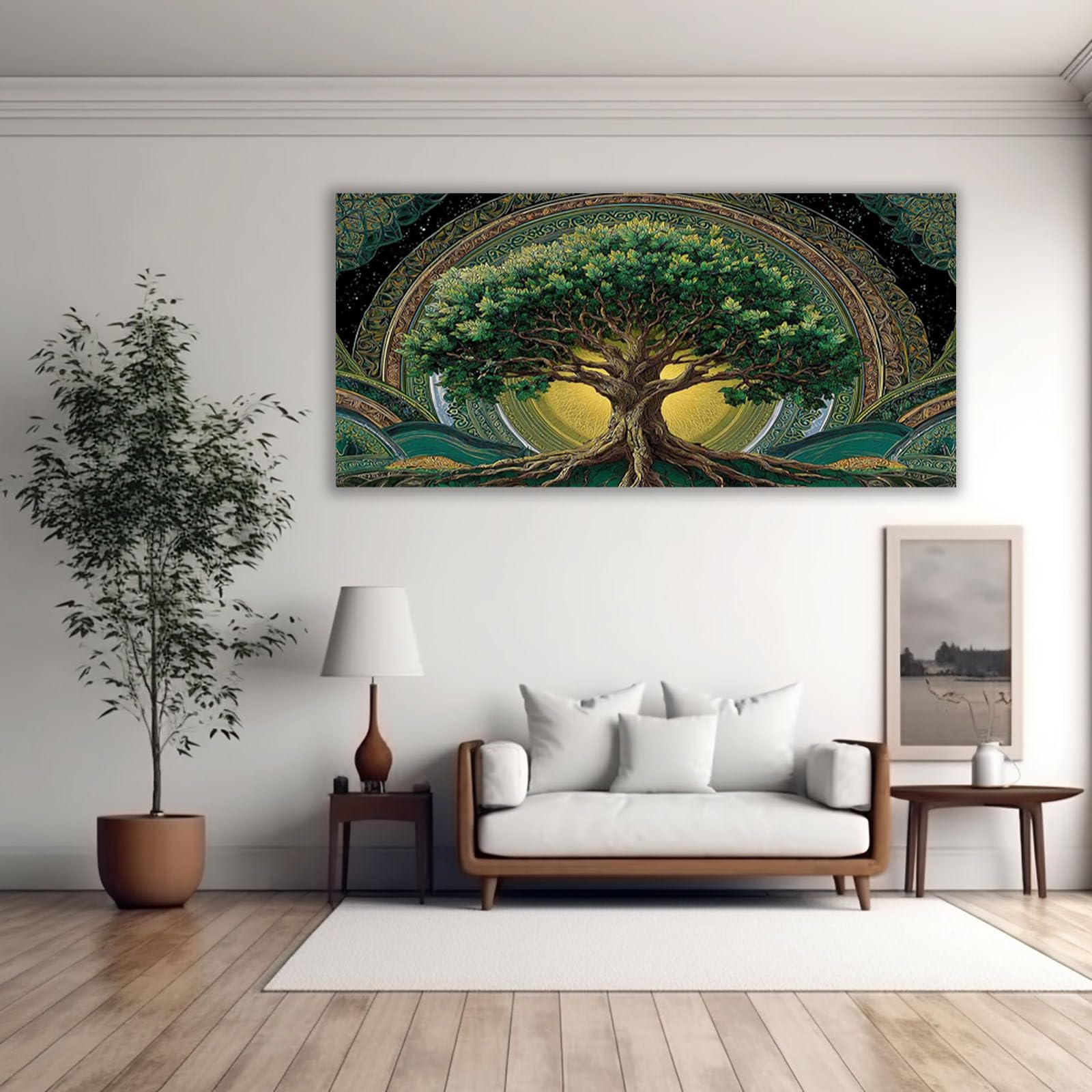 WIKEO Drzewo życia druk na płótnie malarstwo ścienne abstrakcyjne drzewo życia nowoczesny salon jadalnia łazienka kuchnia i biuro obraz plakat (zielony) - 60 x 120 cm oprawiony