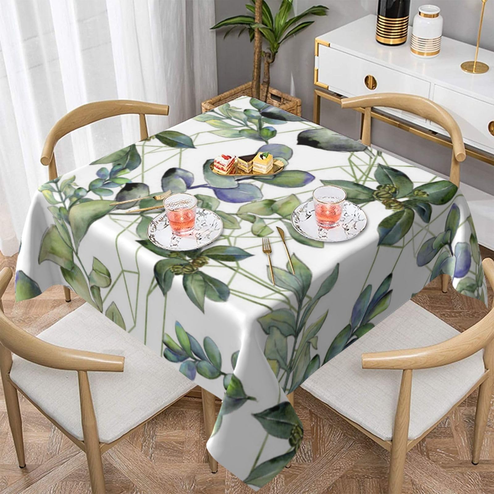 DCEHGEW Green Eucalyptus Leaves Prints Square Tablecloth 152x152 CM, Waterproof Fabric Table Cloth for Dining Table, Farmhouse Table Cover for Kitchen Dining Tabletop Decoration
