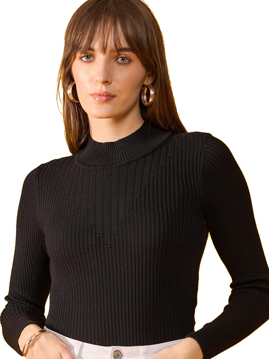 98 Degree North Women Cotton Self Design High Neck Pullover Has A Full Sleeves and Straight Hem-RG1156-BLACK-image-22