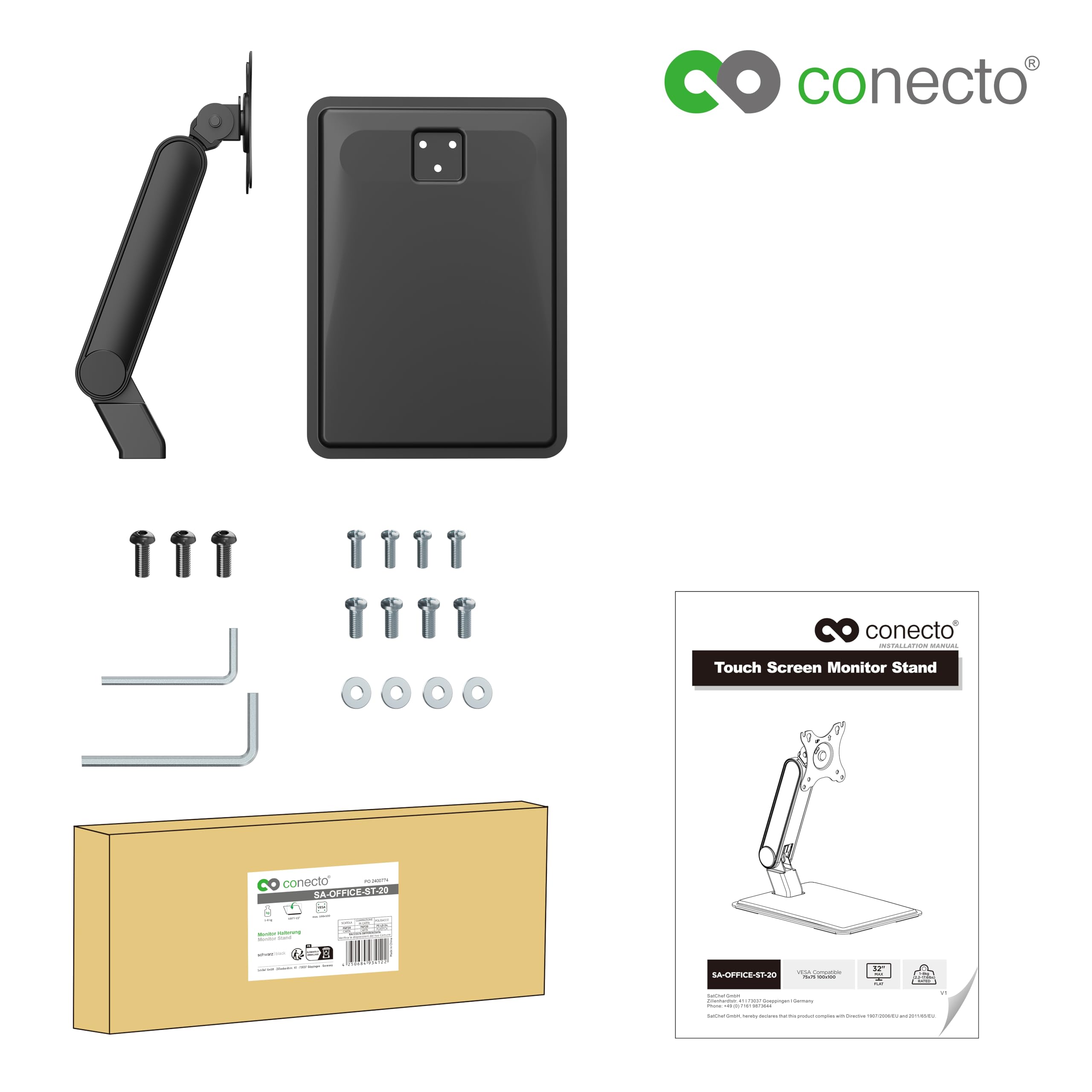 Conecto Soporte de Monitor, para Pantalla táctil, VESA 75 y 100, 17-32 Pulgadas, hasta 8 Pantallas KG, Giratorio 360°, inclinable, Ajustable en Altura, Negro