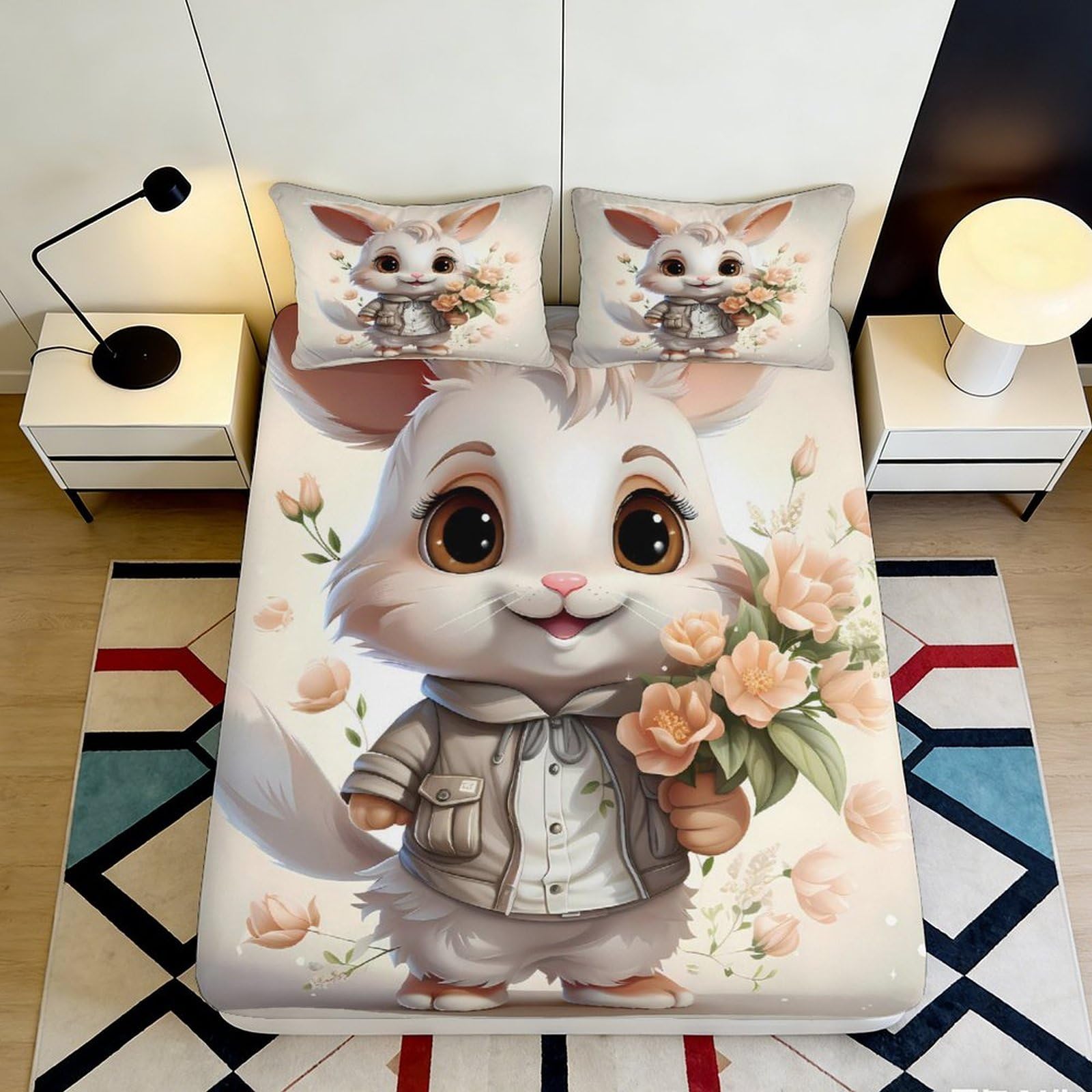 3D Printed Cartoon Animal Fitted Sheet Microfiber Deep Pocket Bedroom Bedding Cartoon Animal Mattress Fitted Cover Non-Slip Washable 200x200x25cm