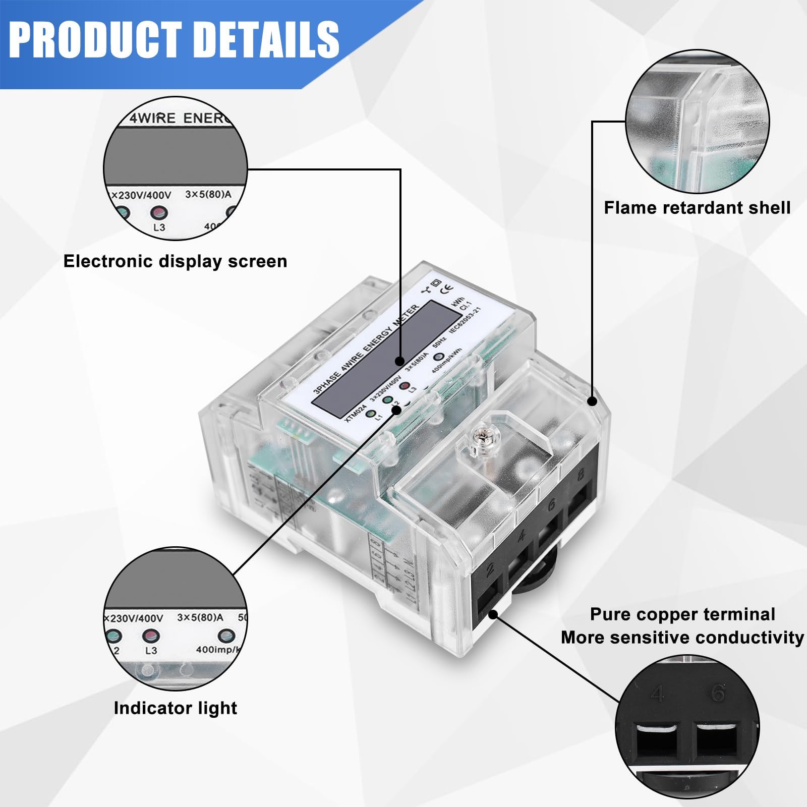 Contatore Elettrico Trifase Digitale - Misuratore Di Corrente 3 Fasi 5-100A Con LCD Per Quadri Elettrici - Foto 5