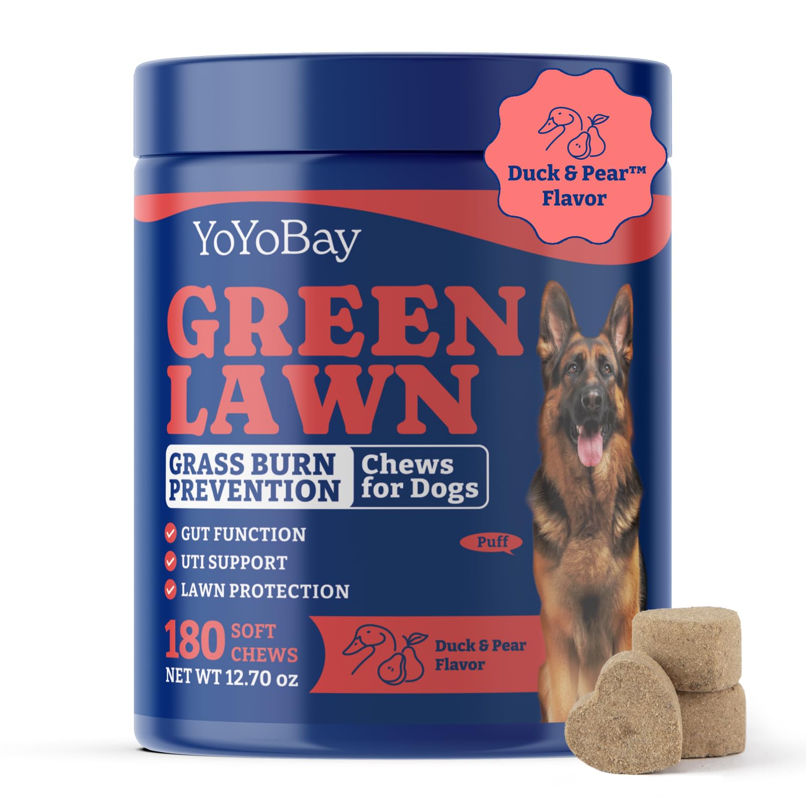 YoYoBay Dog Urine Neutralizer for Lawn - 180 Chews Grass Savers for Dog Urine, Green Grass Dogs Chews with DL-Methionine, Dogs Pee Grass Neutralizer for All Breeds + Ages, Duck & Pear Flavor