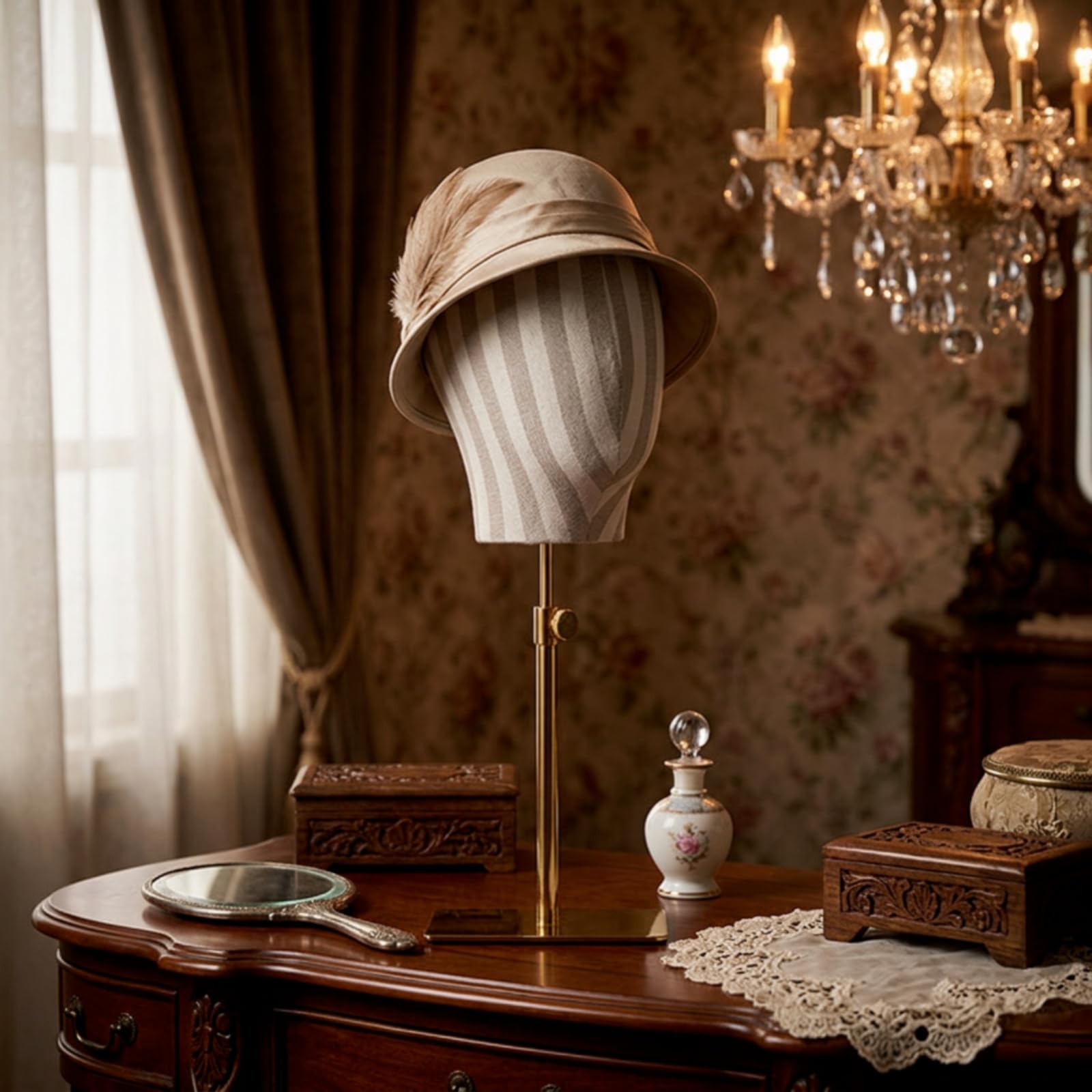 Testa Porta Parrucche Elegante Testa Espositrice con Piedistallo Multiuso Espositore per Collezionisti , Lino Bianco