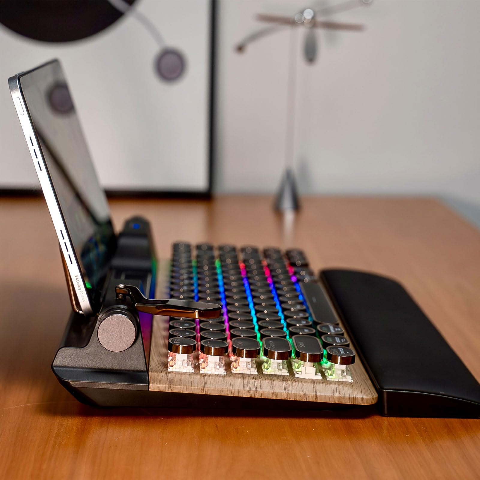 VBESTLIFE Retro Maszyna do Pisania Bezprzewodowa Klawiatura Gier Mechanicznych z Bluetooth 5.0, 84 Klawisze, Niebieskie Przełączniki, Punkowa Okrągła Keycap, Podświetlenie RGB, Odpoczynek