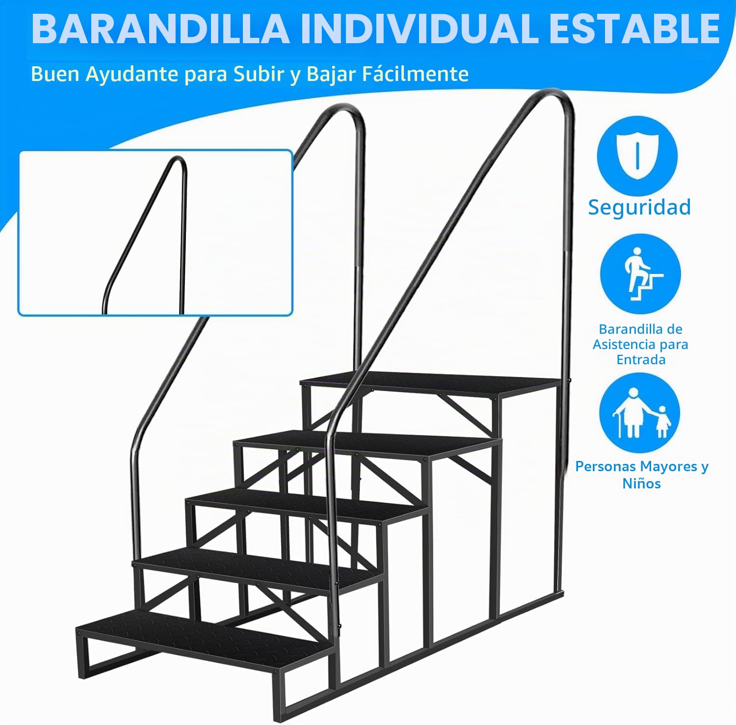 Escalera de Acero Antideslizante Portátil con 5 Ruedas para Caravanas y Piscinas, Doméstica de Exterior con 2 Pasamanos y 5 Peldaños