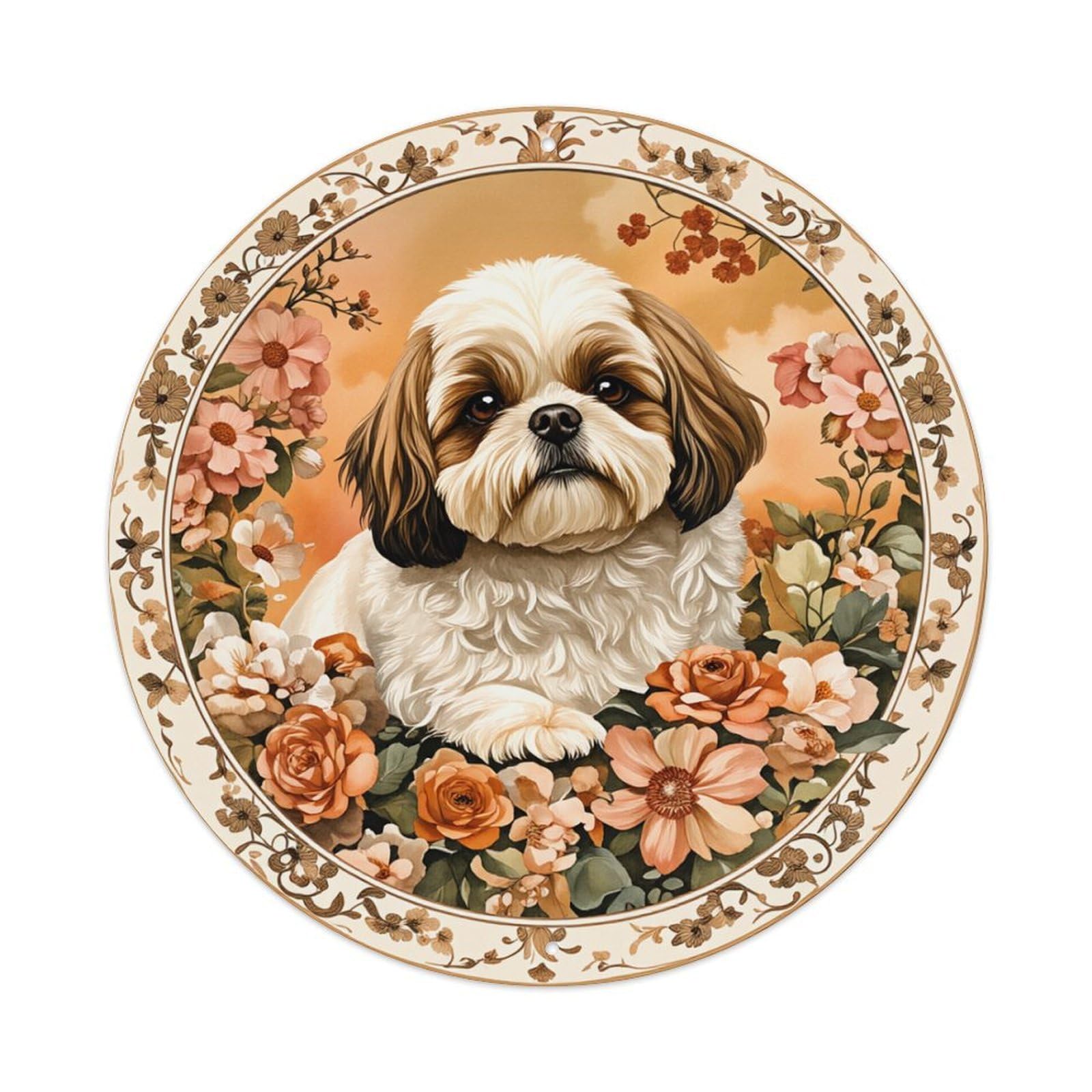 Floral Dog Portrait Pattern Round Tin Sign Retro Metal Sign for Cafe Bar Pub Home Game Room Gym Club Wall Decoration Vintage Metal Poster 8x8 Inch