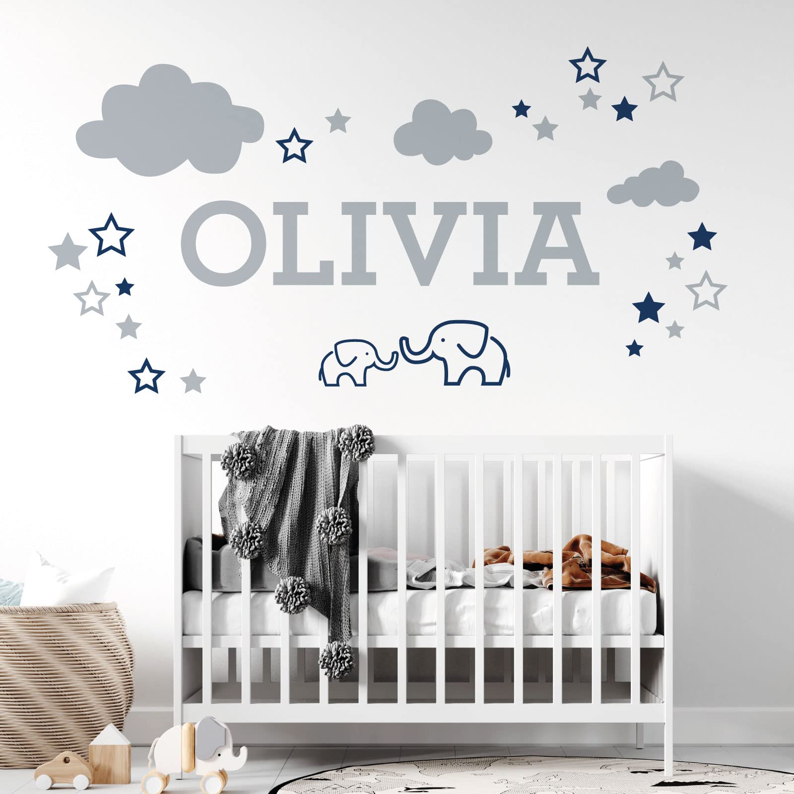 Elephants, Clouds & Stars - Personalised Name Nursery Wall Sticker [Large] [Ultramarine]