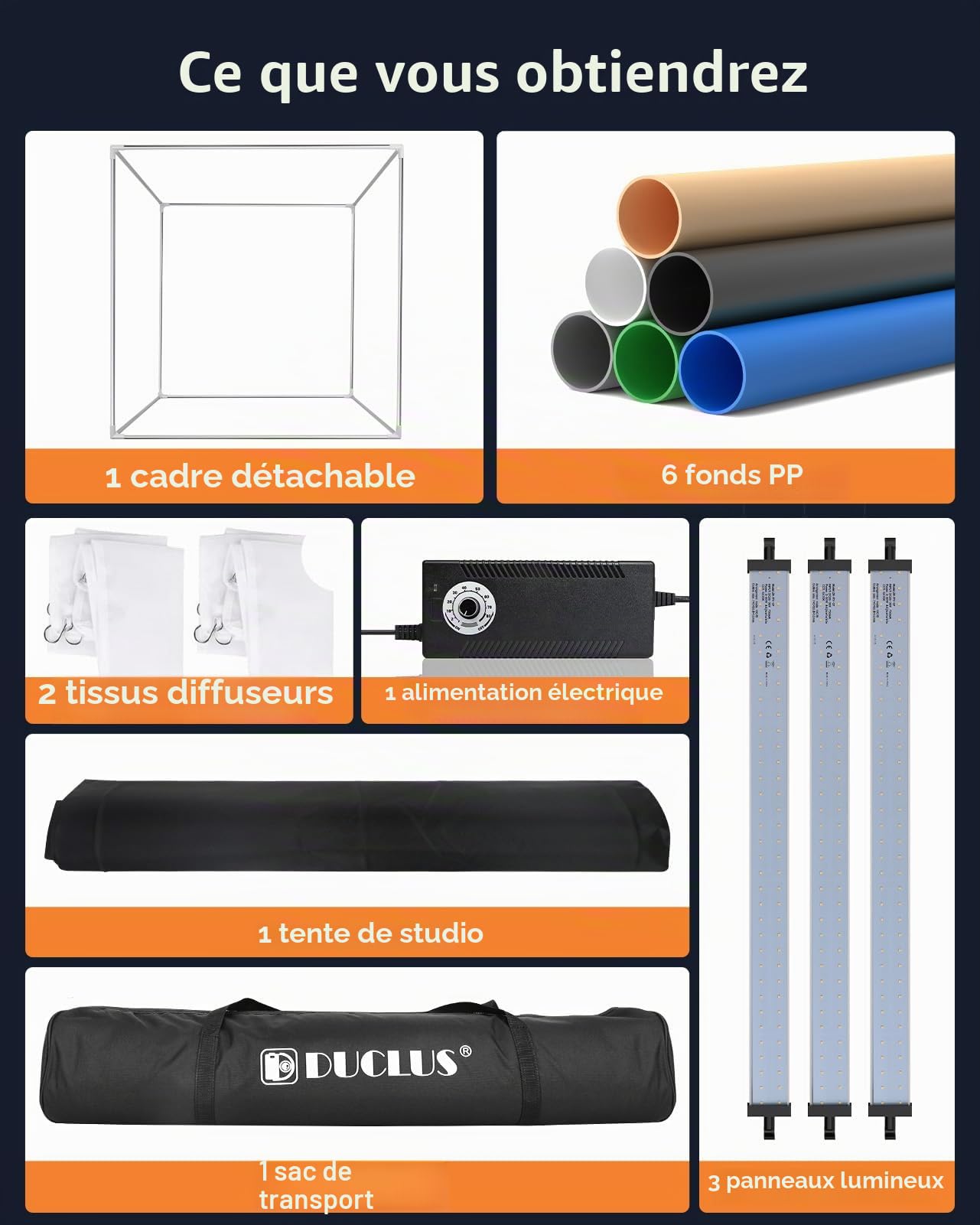 DUCLUS Boîte Photo de 80x80 cm, Studio Photo Portable Professionnel avec 3 Panneaux Lumineux LED Réglables et 5600K à Gradation Continue, 6 Fonds PP pour la Photographie de Produits de Grande Taille