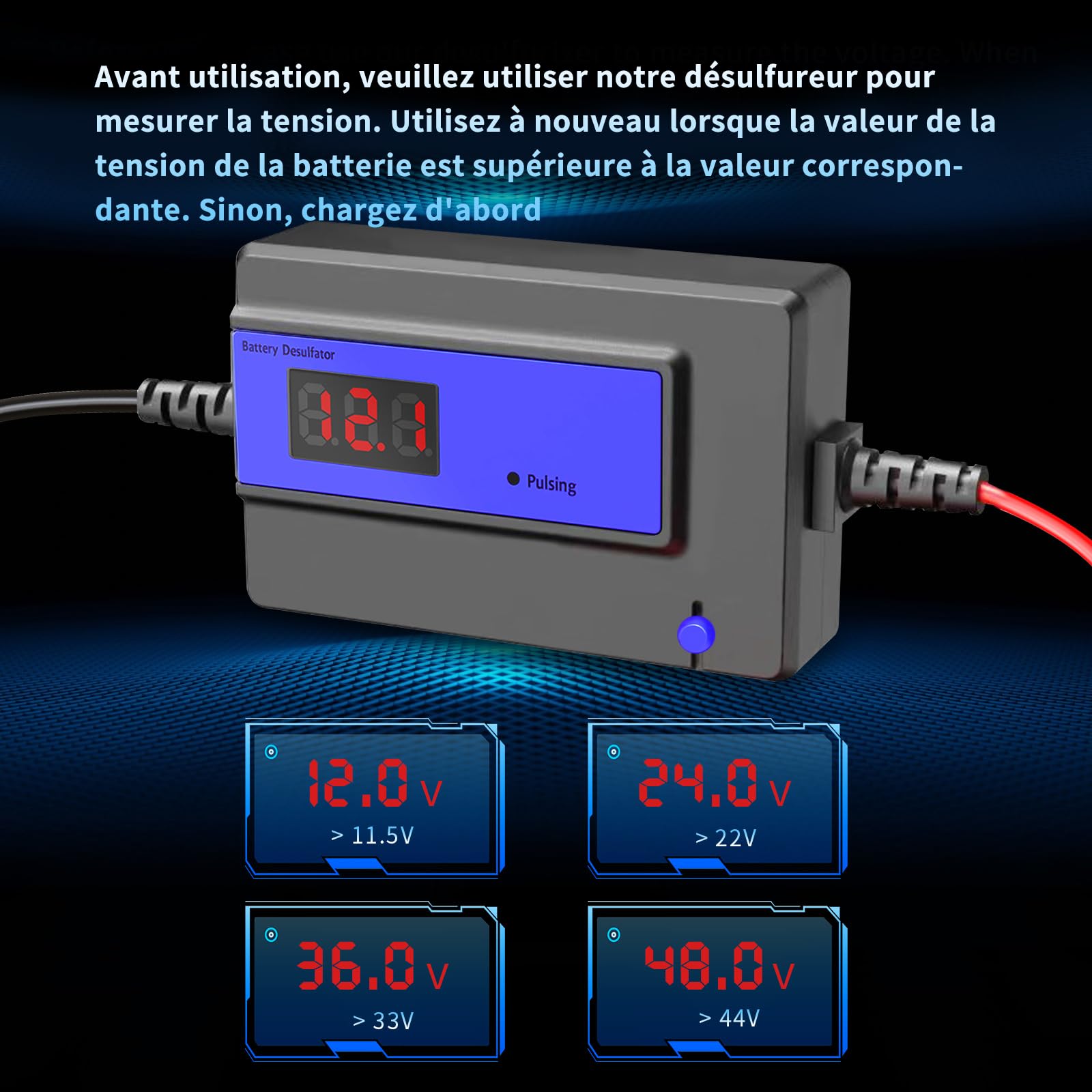 Désulfateur Automatique de Batterie pour Batteries Plomb-Gel AGM SLA，12-48V,400AH(Bleu)