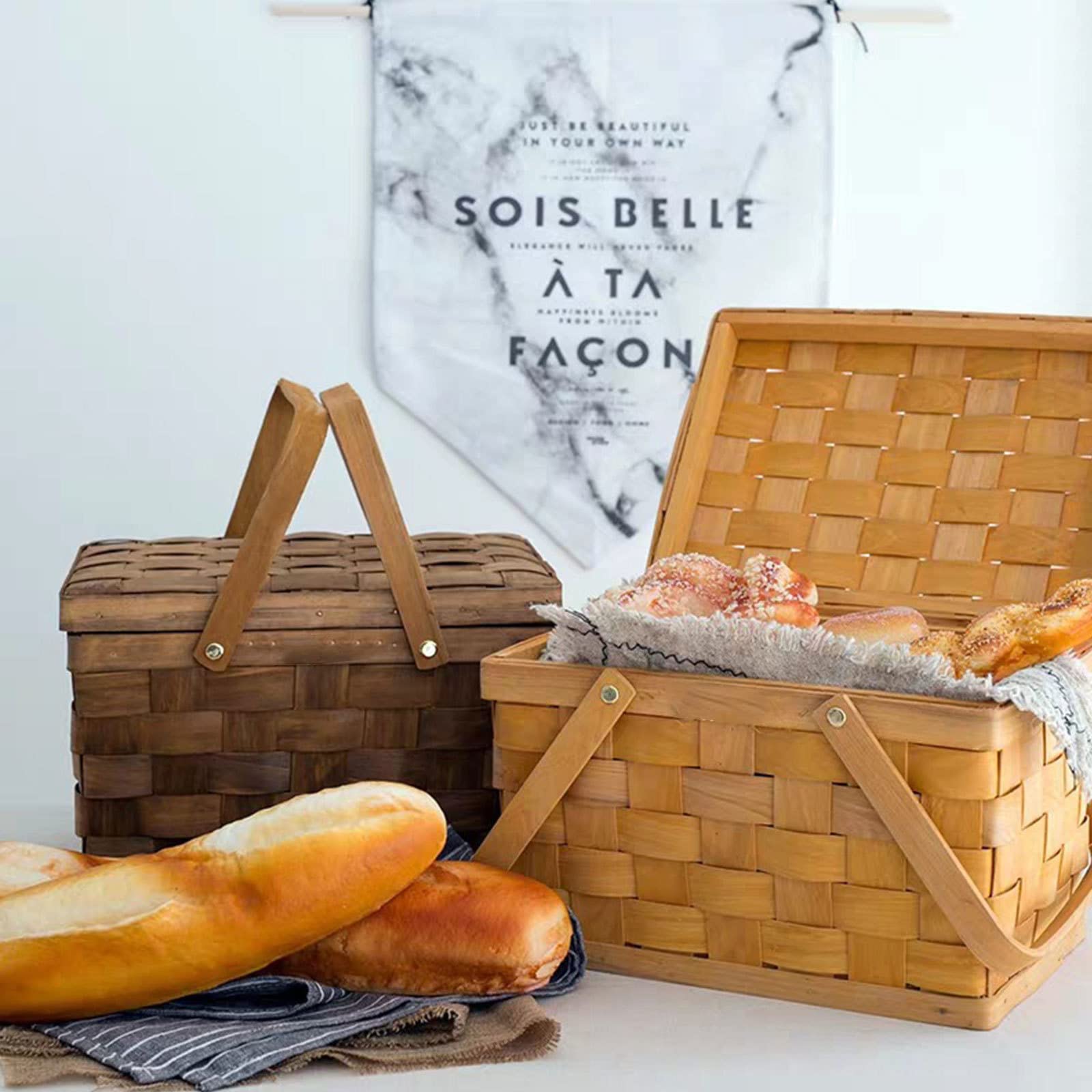 AADECOR Cestino da Picnic in Legno Intrecciato a Mano Cestino Intrecciato con 2 Maniglie e Coperchio oscillanti, Cesto Grande Vuoto per Picnic, Esterno, Campeggio, Famiglia, Feste,A