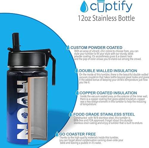 Miniatura 4 de Botella de agua personalizada para niños con tapa de popote en negro azul degradado para la escuela, grabado personalizado nombre de los niños, 12