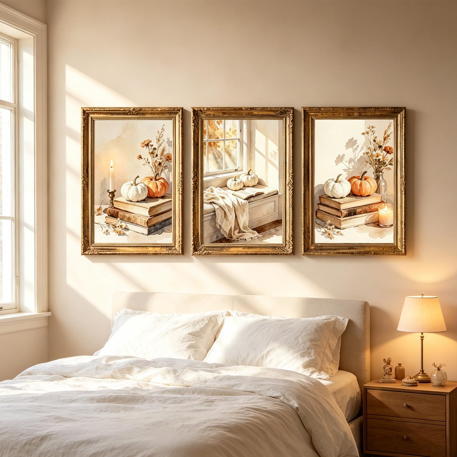 ZBELLO Autumn Pumpkin Wall Art Set of 3, Vintage Watercolor Still Life Canvas Prints, Fall Farmhouse Poster, Thanksgiving Neutral Home Wall Decor, Only Canvas Print No Frame (30x40cm,Pumpkin)