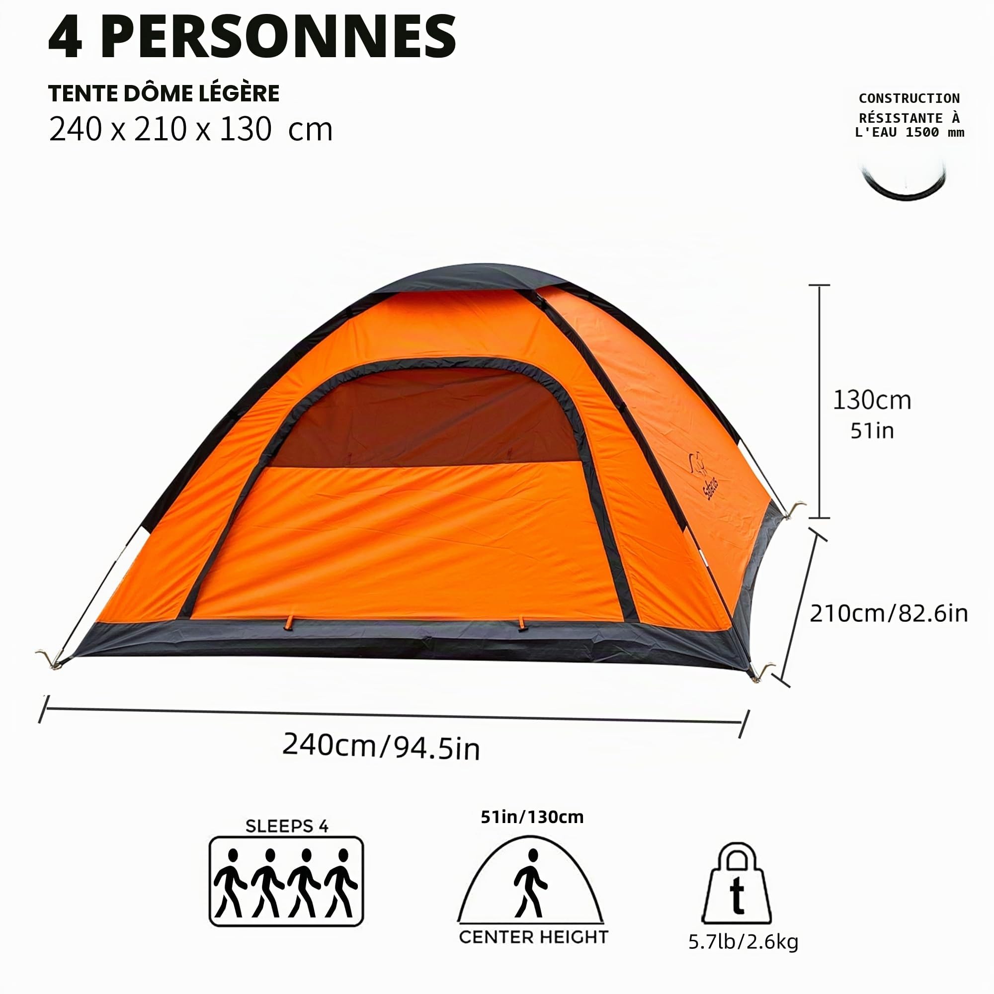 SAFACUS Tente De Camping 3-4 Personnes – Légère 2,6kg, Imperméable 1500mm, Dôme Familial Pour Trekking, Jardin Et Festival