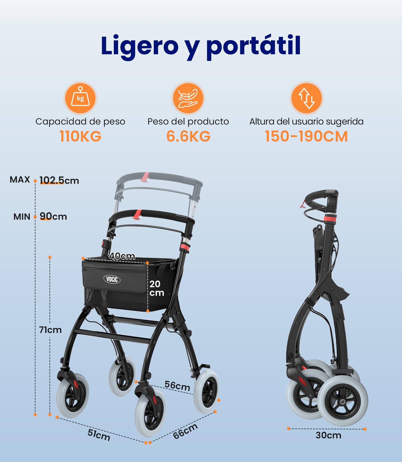 VOCIC Andador estrecho para apartamentos, plegable y ligero, estable con carril, neumáticos antideslizantes silenciosos, para personas mayores, plegables, con bandeja, color negro