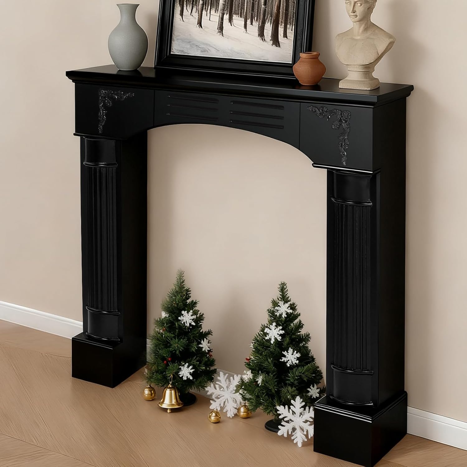 HOMEDIARY Rustic Black Freestanding Fireplace Mantel, Modern Painted Fireplace Surround with Mantel for Living Room, Grade A MDF Mantel Surrounds with Legs for Home Decor/Wall Decor, Anti-Tipping
