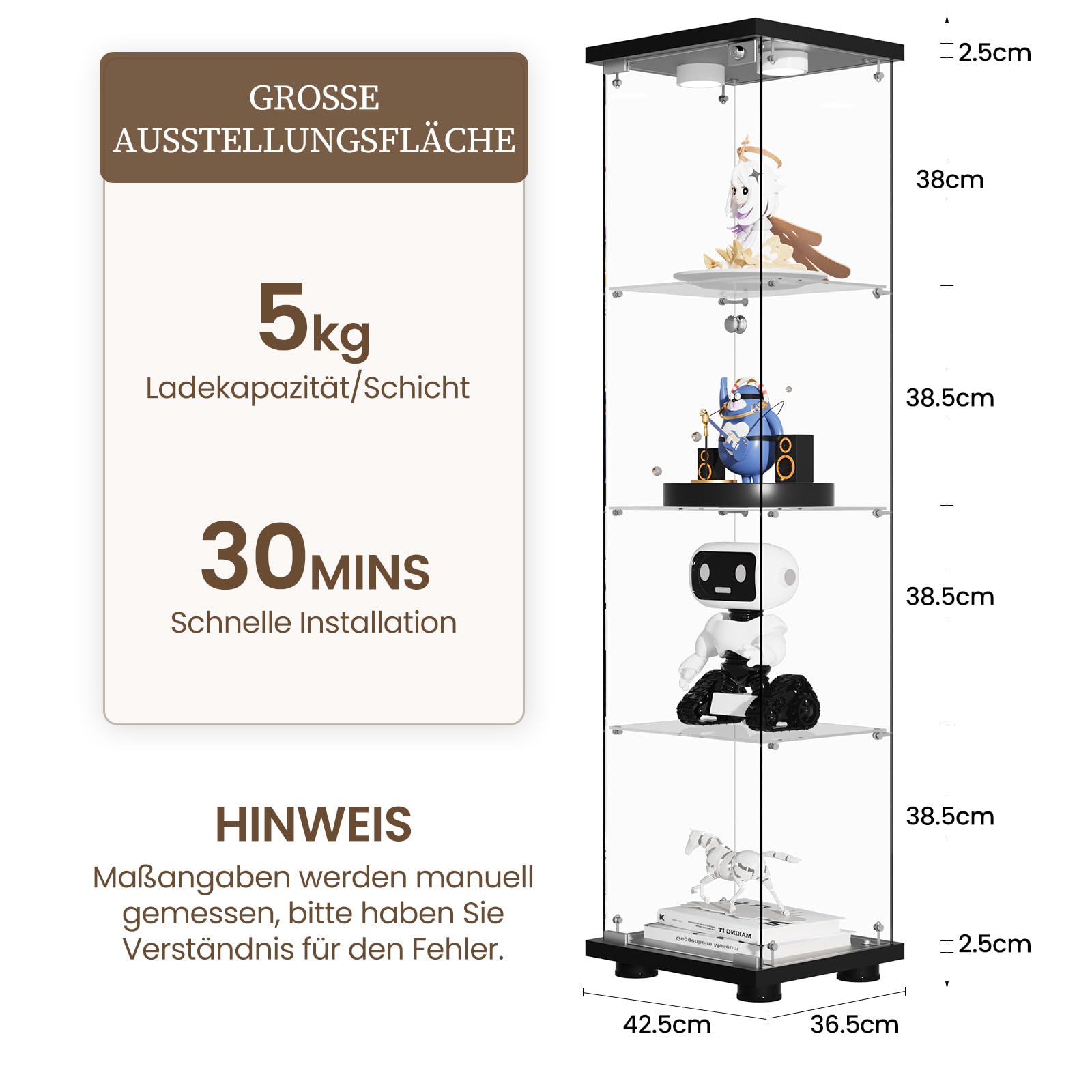 Glasvitrine Standvitrine mit LED in Schwarz, 164x42.5x36.5CM Modern Glas Vitrine Weißes Holzbrett mit 4 Böden aus ESG für Sammlerstücke Bücher Wein