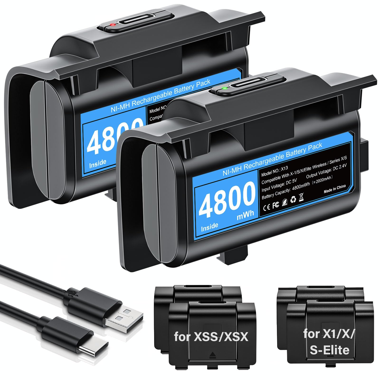 Rechargeable-Battery-Pack-for-Xbox-Controller, 2x4800mWh Batteries Pack with Fast USB-C Charger for Xbox One/One S/One X/One Elite/Xbox Series X|S Controller Play and Charge Kit with 4 Cover(2 Pack)