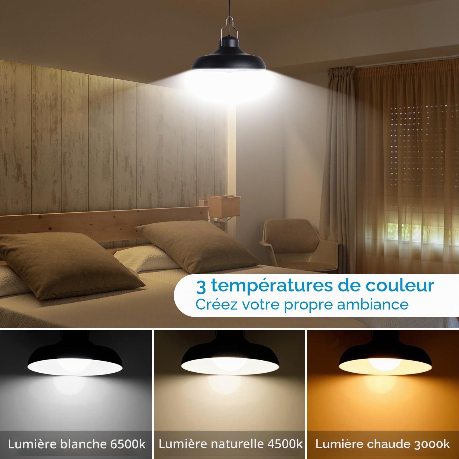Luminaire Solaire Suspendue pour Intérieur et Extérieur, Réglable, avec Télécommande, 2800K, 4500K, 6500K, Étanche, pour Grange, Remise, Pavillon, Terrasse, Jardin, Maison