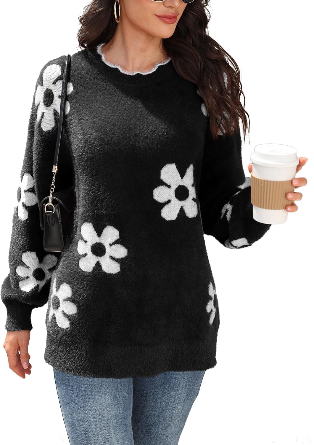 Women's Oversized Fuzzy Sweaters Long Sleeve Crew Neck Knit Soft Pullover Chunky Casual Fall Loose Jumper Top