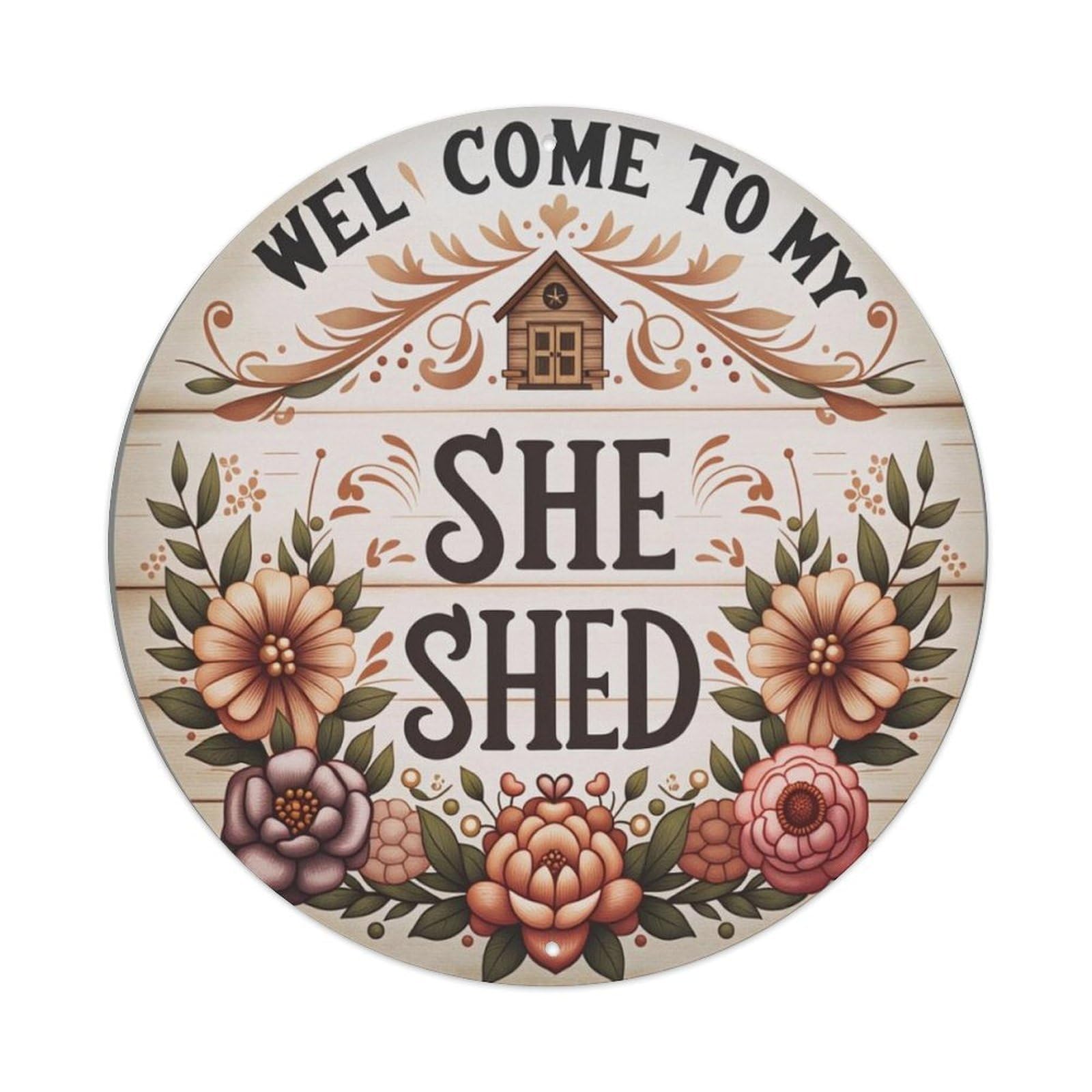 Farmhouse Floral She Shed Welcome Round Sign Vintage Aluminium Metal Sign, Retro Wall Decor for Home, Bar, Garage & Farmhouse 20x20cm