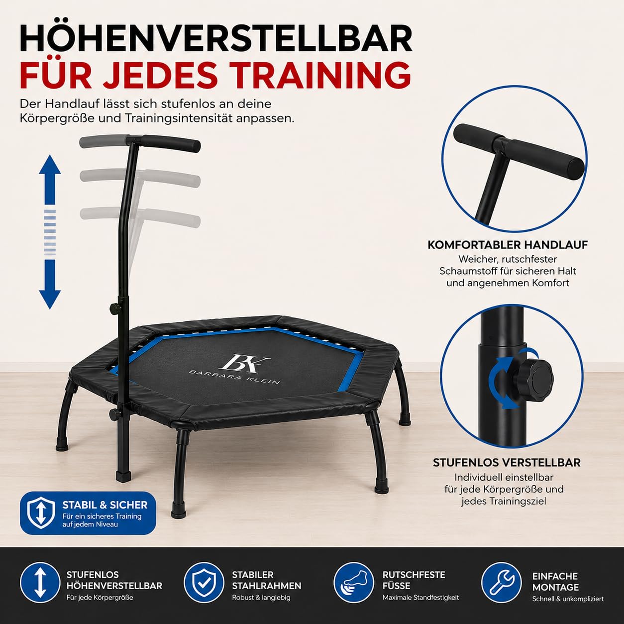 BK Barbara Klein Fitness Trampolin 133 cm mit Haltestange, 42 Gummiseile, Hexagon Rebounder, 100 kg Belastbar, Höhenverstellbar Indoor Heimtraining