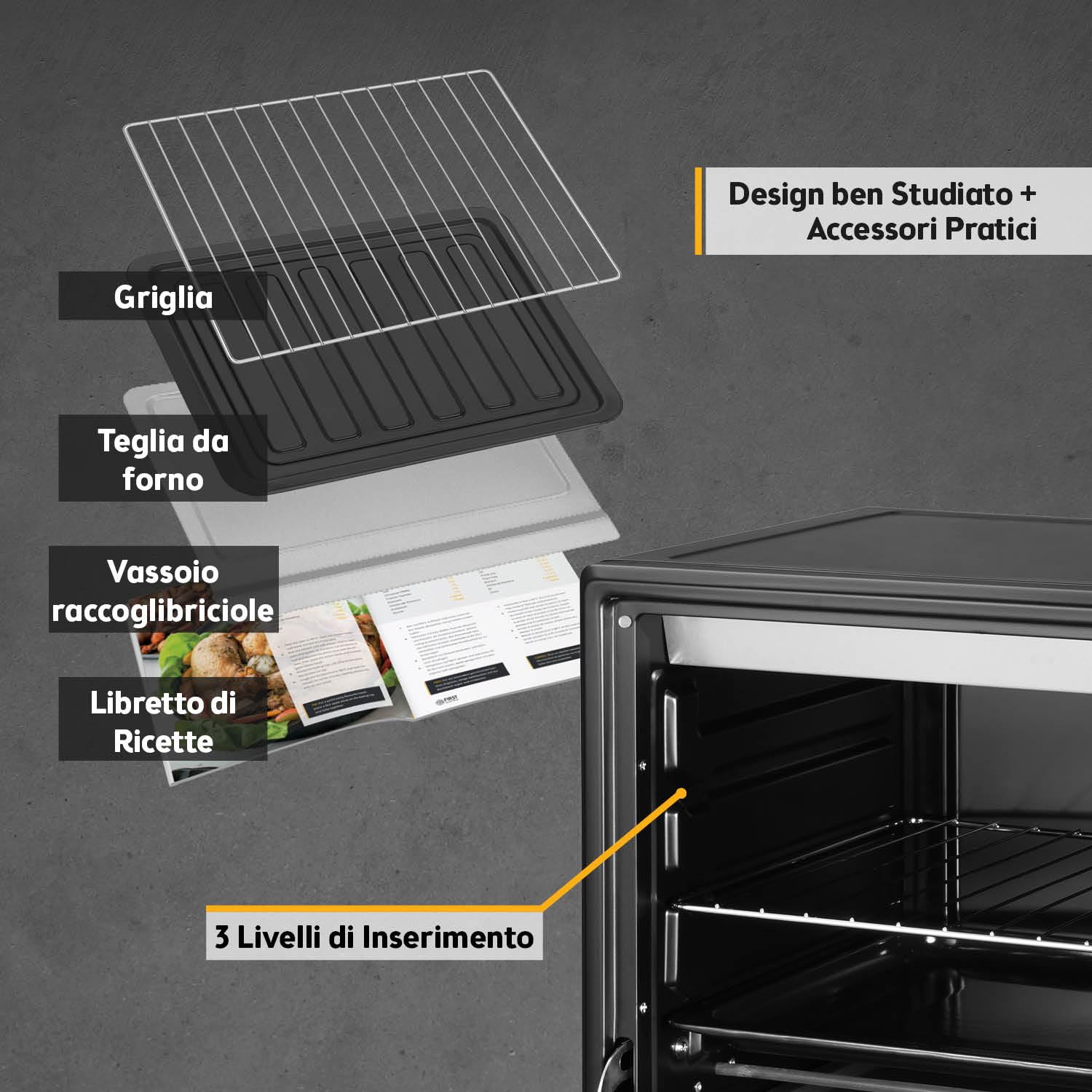 TZS First Austria - Mini Forno 35L 1600W - Fornetto per pizza con regolazione temperatura fino a 230°C e rivestimento antiaderente - Con timer di 60 min, 3 altezze di inserimento, teglia e griglia