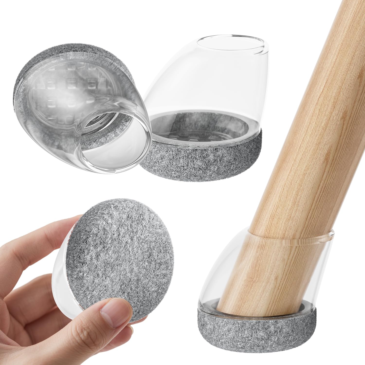 RCHYFEED 24 Stück Stuhlbeinkappen, Silikon Schutzkappen für Stuhlbeine, Transparente Rund mit Grau Filz für 15°-25°schräge Stuhlbeine, Stühle für Verschleißfeste Stuhlbeinschoner (S Fit:14-20mm)