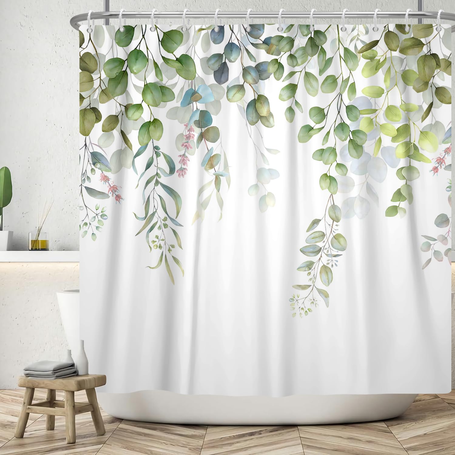 ASDCXZ Leaves Shower Curtain 120x200 cm, Spring Simplicity Blue Green Eucalyptus Leaves Rose Flowers White Washable Shower Curtains Polyester Textile Waterproof Bath Curtain for Bathtub with 8 Hooks