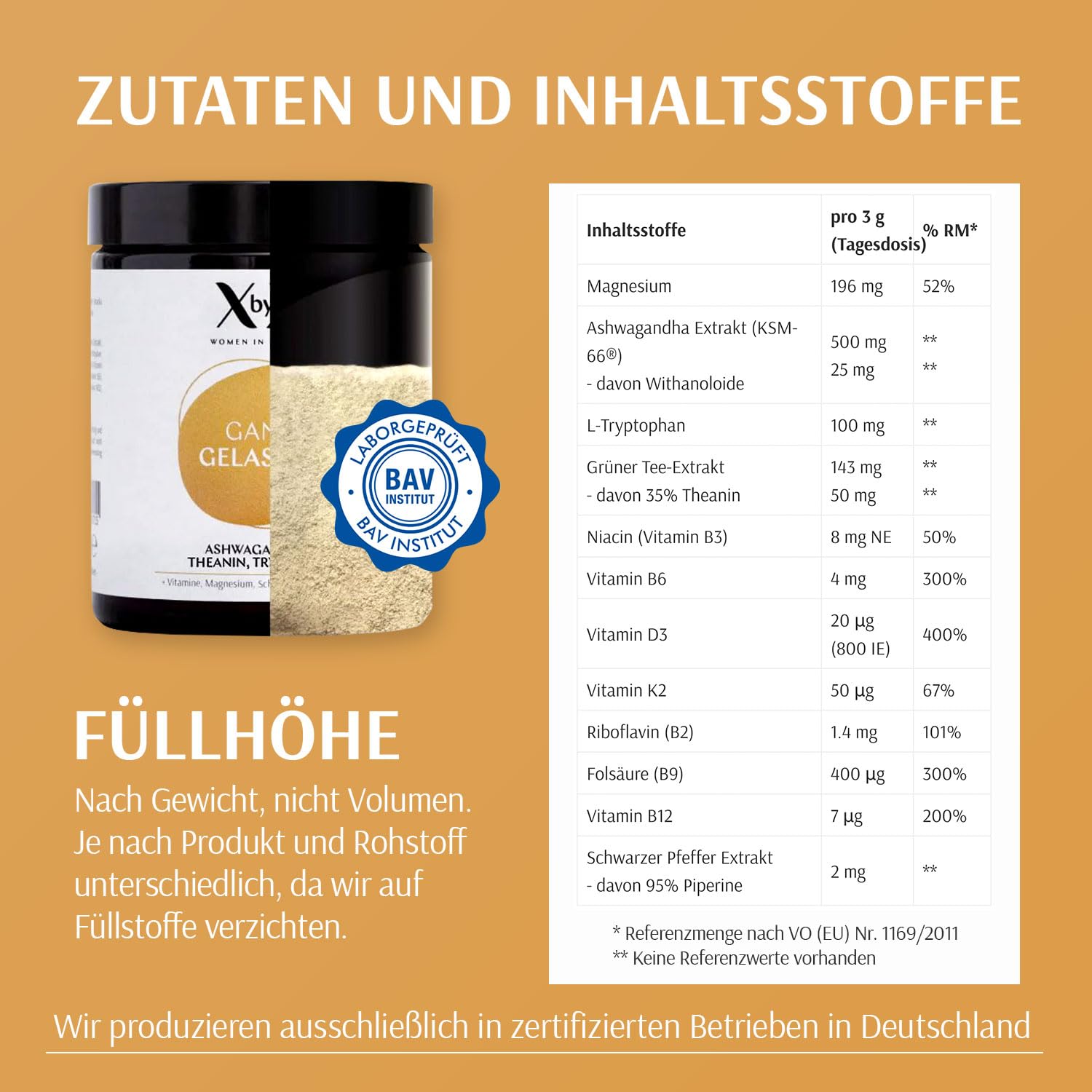 XbyX® Ganz Gelassen 90 g | 30 Portionen | Für mehr Gelassenheit & mentale Balance im Alltag | Adaptogen Ashwagandha, Tryptophan & Theanin aus Grüntee-Extrakt | Hormonfrei | Ohne Soja | Aus Deutschland