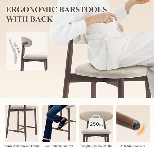 Miniatura 5 de COLAMY Juego de 2 taburetes de bar de altura de mostrador, taburetes de bar de cocina con respaldo, tapizados modernos de mediados de siglo, con